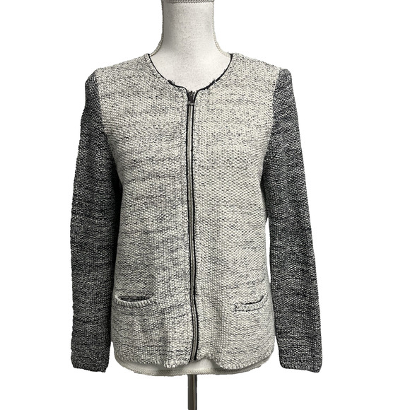 Talbots Full Zip Front Jacket size Medium Ivory Silver Black Tweed Career Casual - Picture 1 of 8